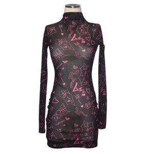 Moeflavor Sheer Mesh Manga Noises Stretch Mini Dress Long Sleeves High Neck XS S